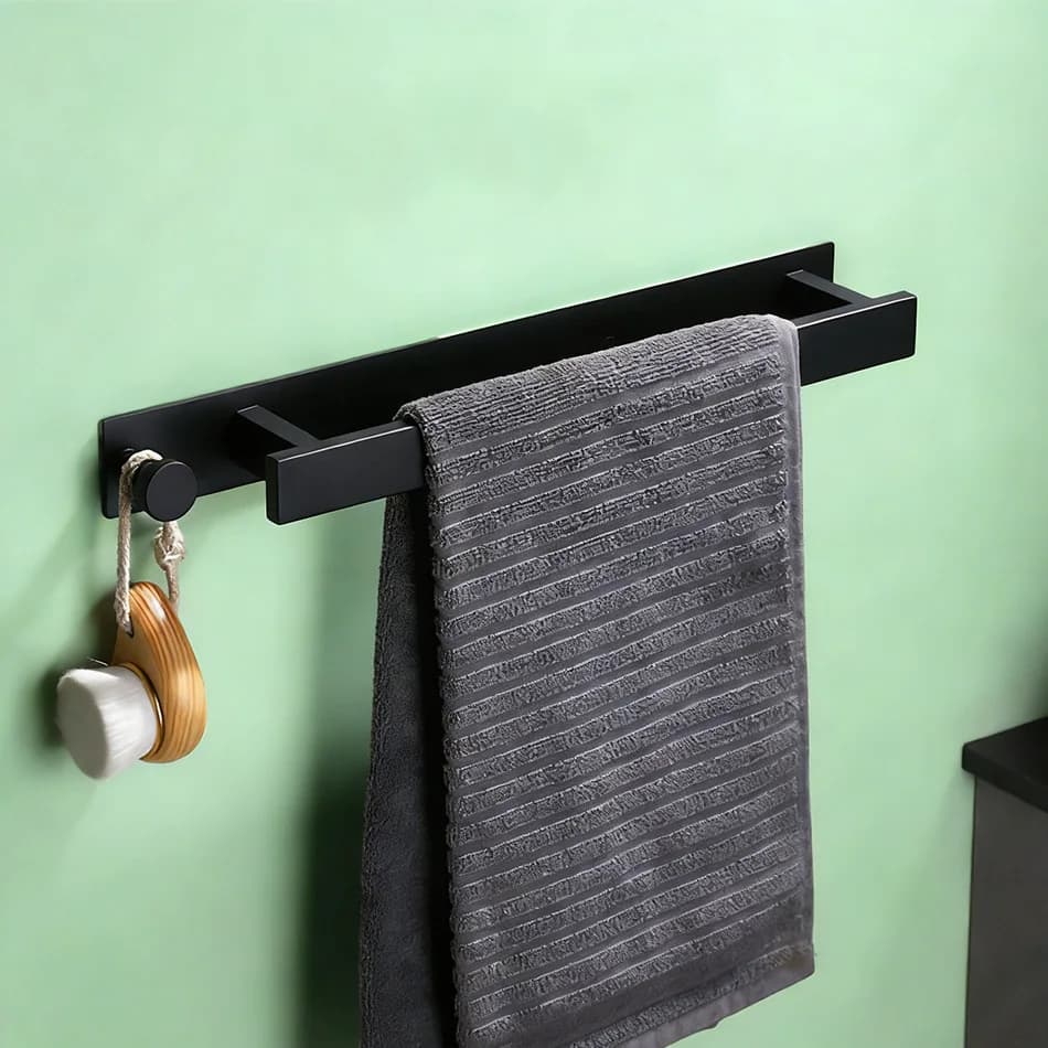Portasciugamani Adesivo con Gancio in Acciaio Inox Spazzolato Nero, Supporto da Parete per Bagno, Barra Portasciugamani 40CM