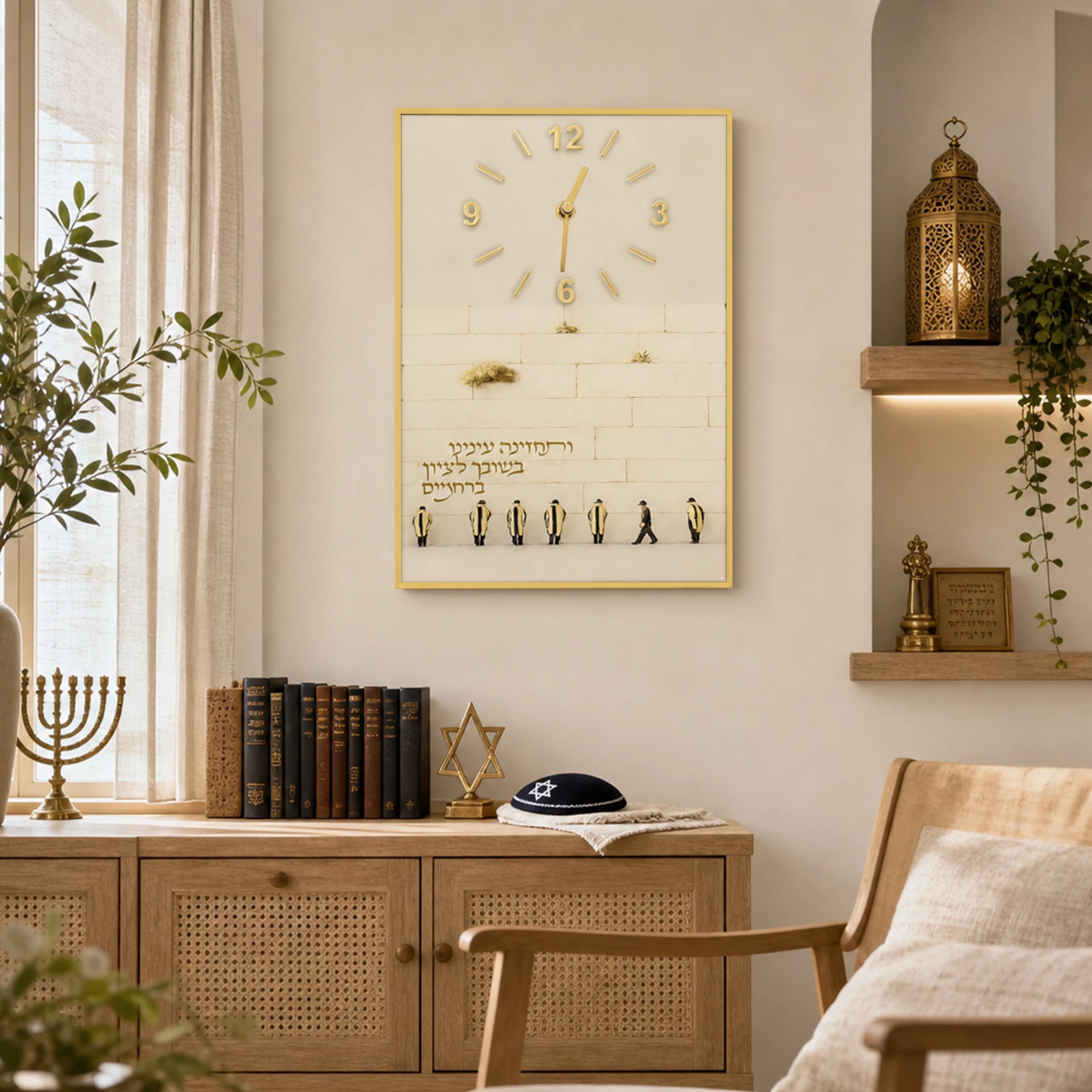 Orologio da Parete Decorativo di Lusso Judaica con Elegante Illustrazione del Muro Occidentale, Arte Murale per la Casa, Orologio in Lucite