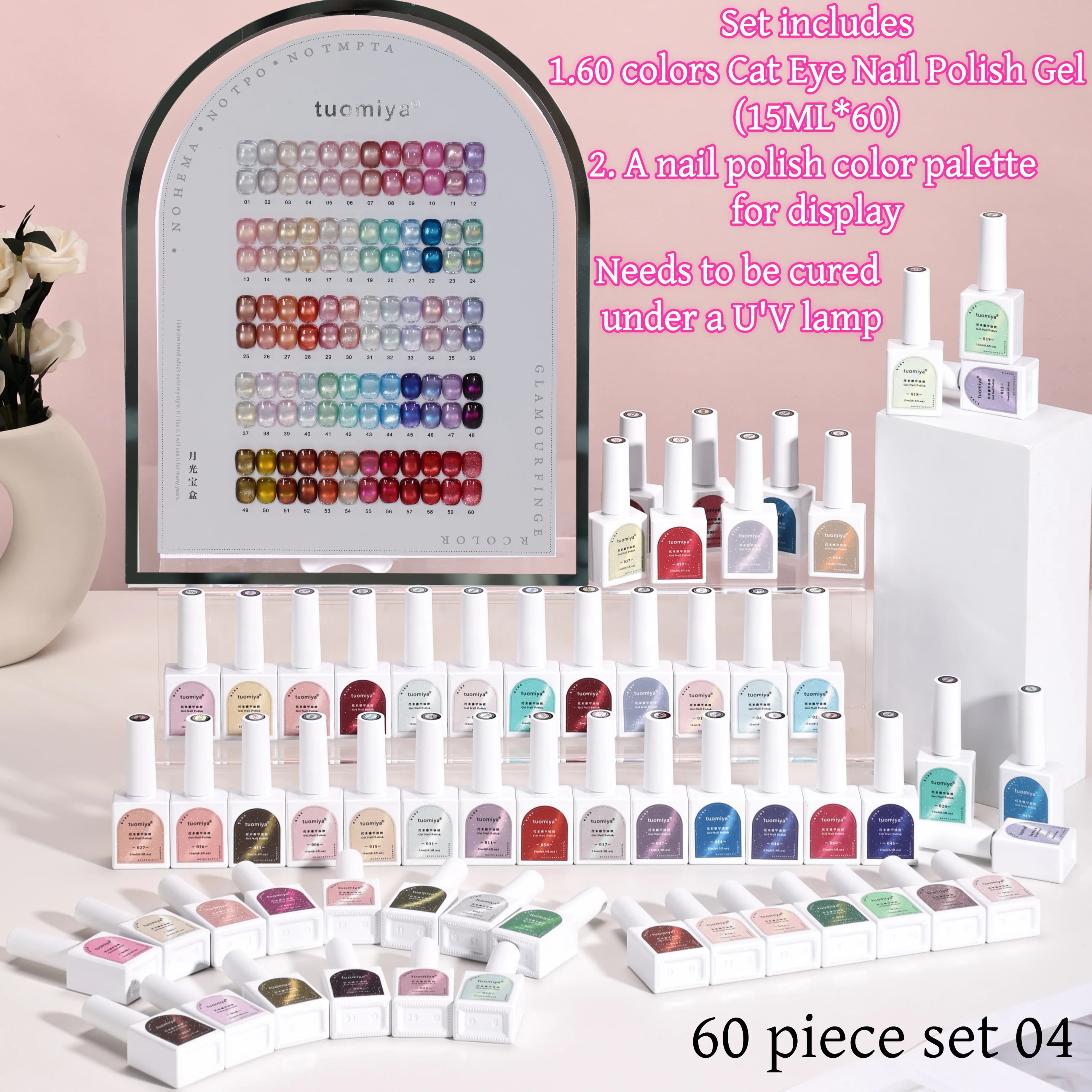 Set di Gel per Unghie Moonlight Treasure Box da 60 Colori, Effetto Occhio di Gatto, Perline di Vetro, Colori Ricchi, Texture Gel Fine, Include Cartella Colori