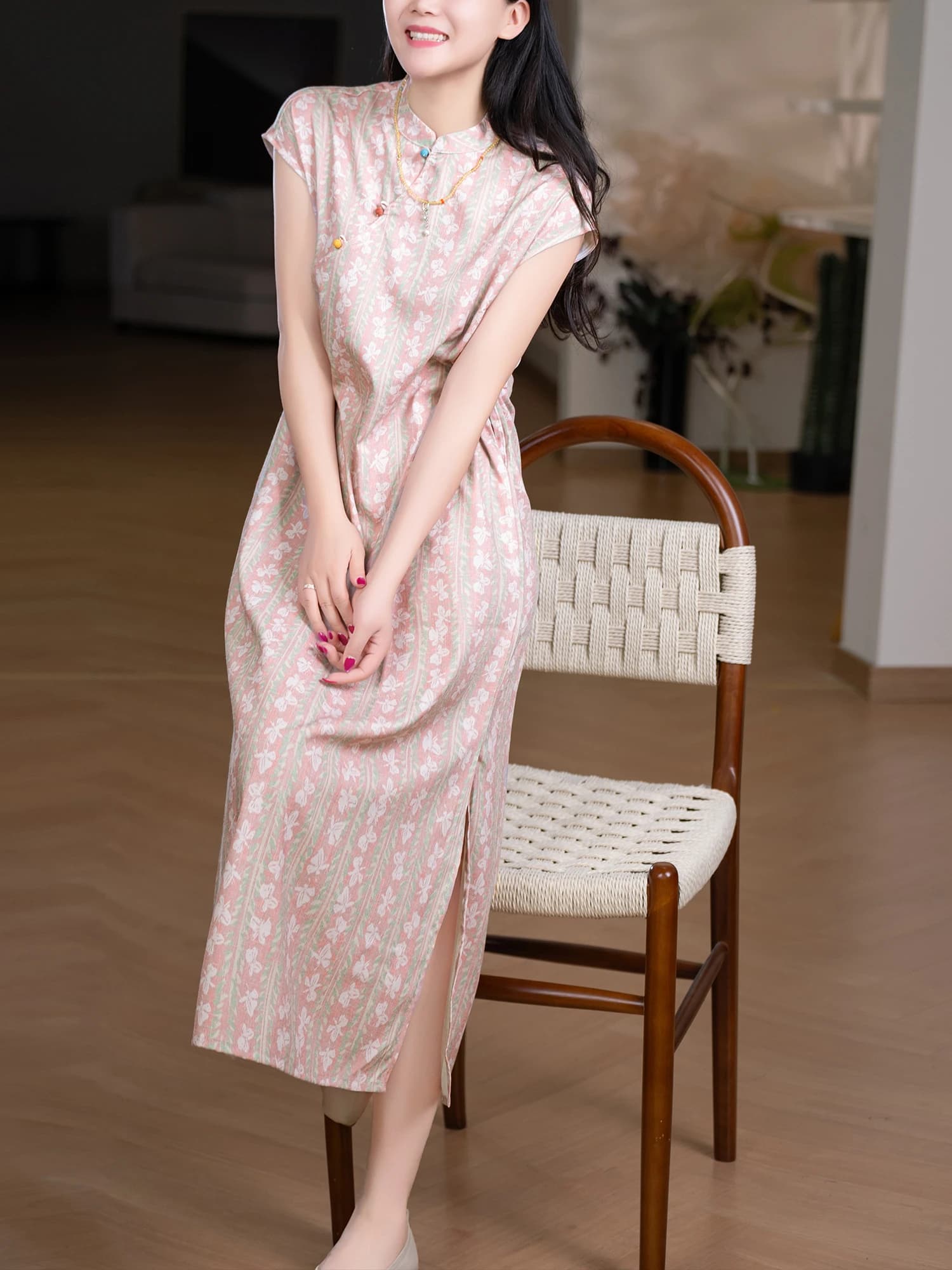 Skin-friendly Chinese Style Qipao Dress with Side Button Design Cotton Blend Breathable Summer Dress for Women