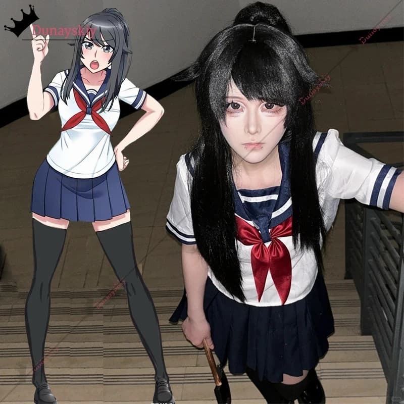 Cosplay Costumes of the Game Yandere Simulator, Ayano Aishi Wig, JK School Dress with Shirt and Seagull for Halloween