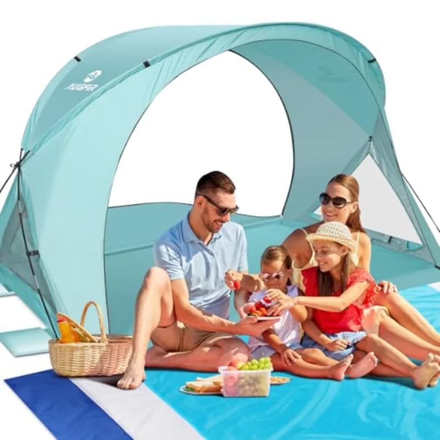 Tenda da Spiaggia con Tappetino, Set per 4 Persone, Tettoia Portatile con Protezione UV UPF 50+, Doppia Porta