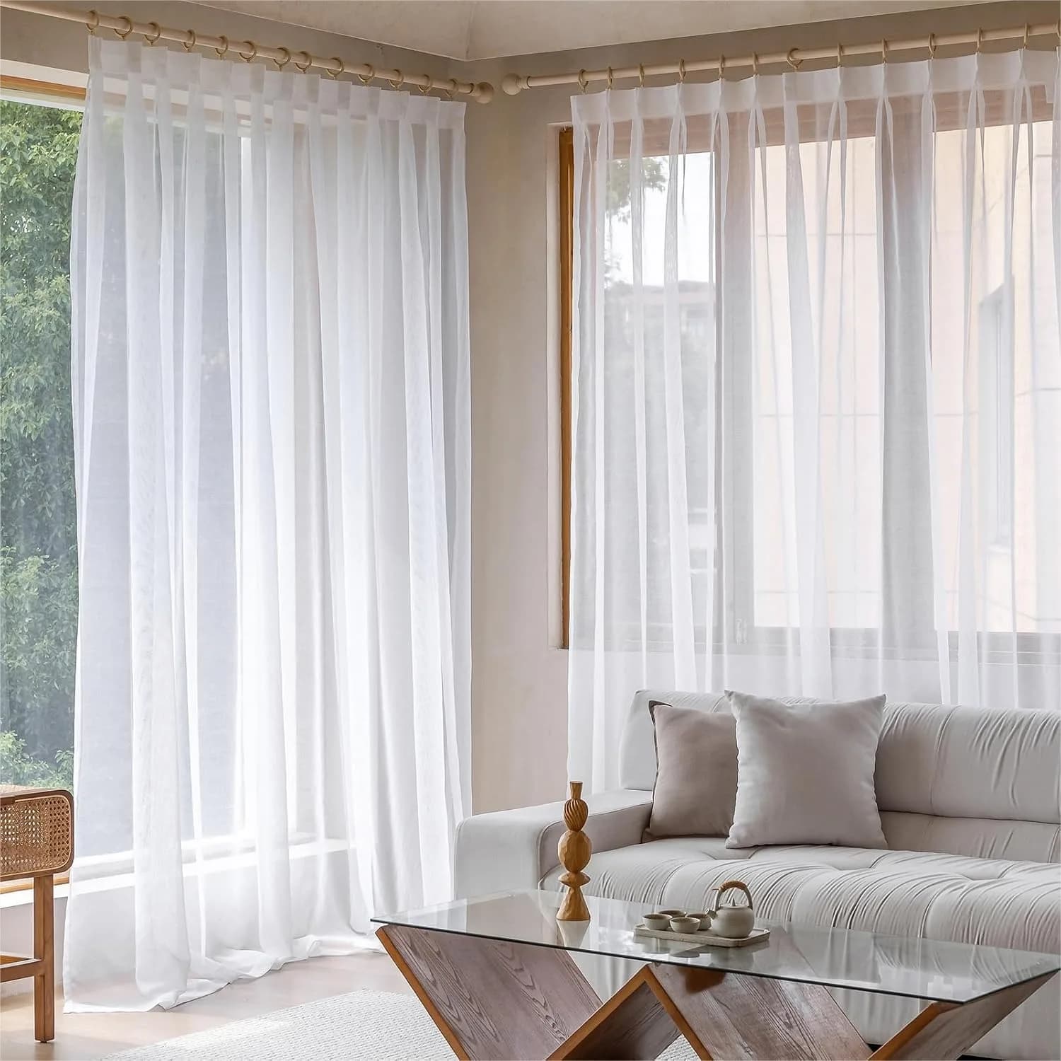 Extra Wide White Pinch Pleated Curtains 100x96 Inches for Living Room Bedroom Track System Faux Linen Semi Sheer Drapes with