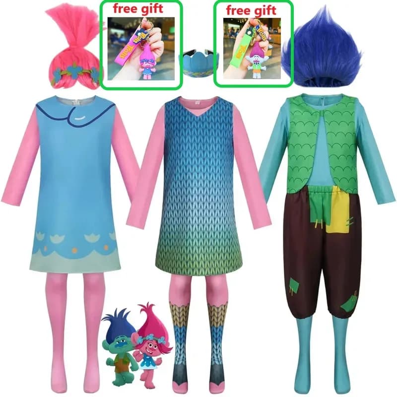 l2025l Nuovo Cosplay Anime Ragazzi Trolls Ramo Costume Ragazze Trolls Poppy Cosplay Parrucca abiti Costume di Halloween per I Bambini Purim Carn