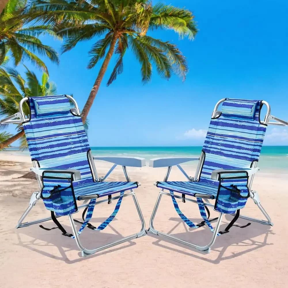 Portable 2-Person Beach Chairs Set with Cup Holders and Towel Bars, Adjustable Reclining for Outdoor Use, Blue Ocean