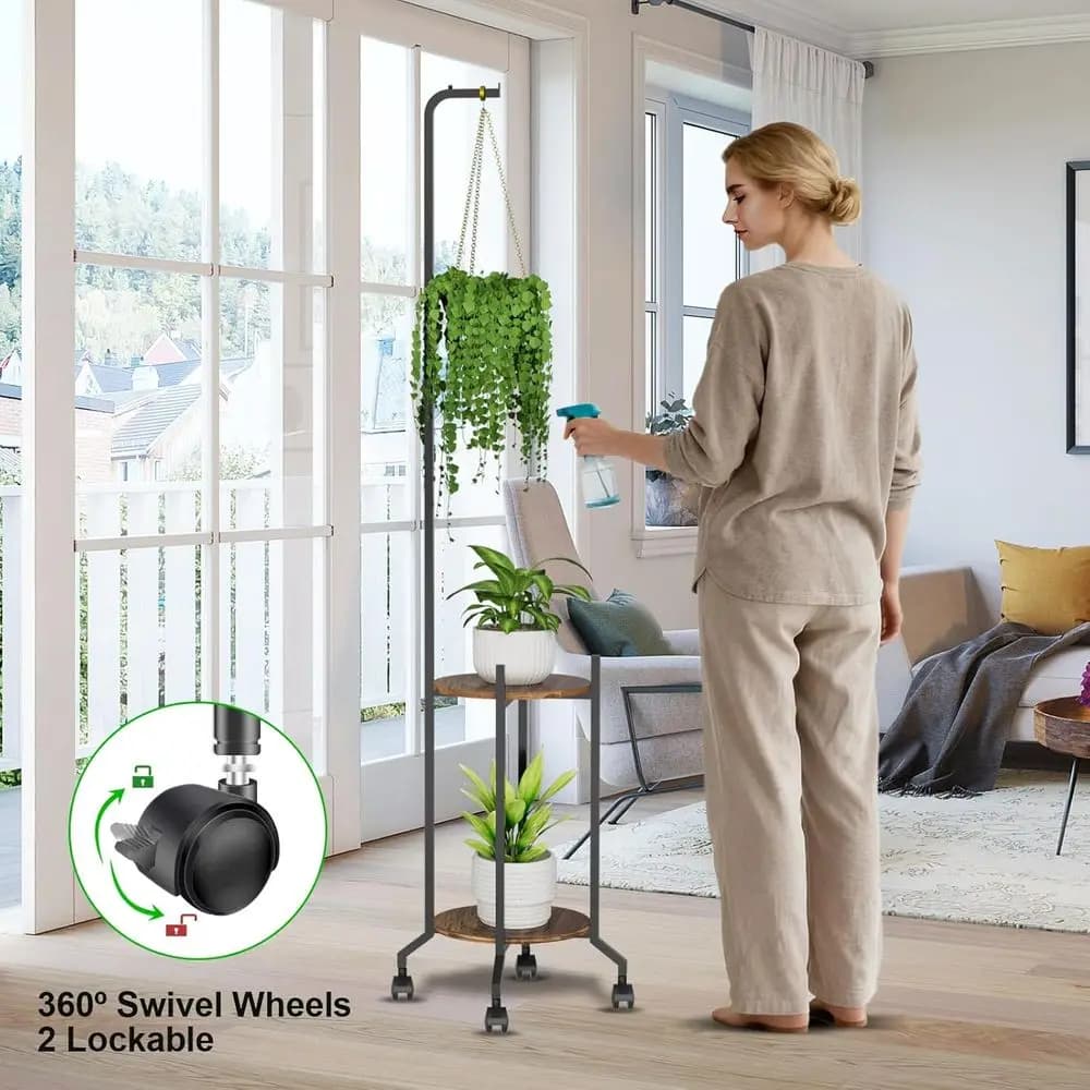 Support for 2 Levels with Wheels, Metal Plant Door for 3 Vases, Suitable for Living Room, Bedroom, Patio, Exterior