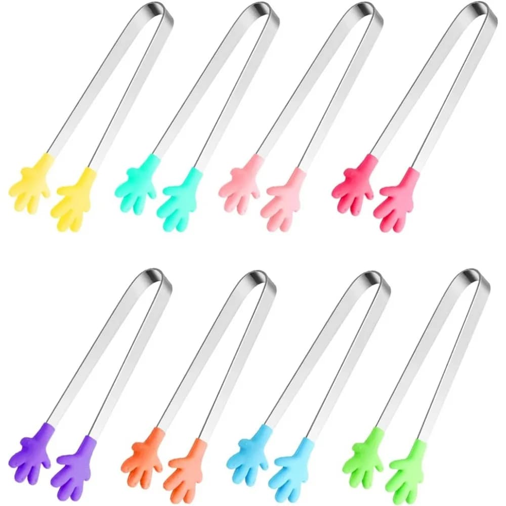8PCS Silicone Mini Tongs 5Inch Hand Shape Food Tongs Colourful Small Kids Tongs for Serving Food, Ice Cube, fruits, Barbecue