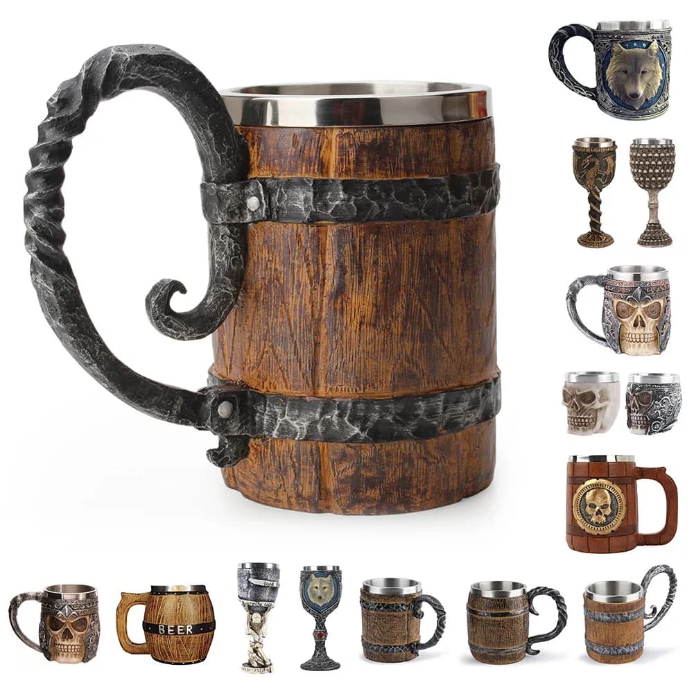 Boccale da Birra Stile Vichingo Simulazione Botte in Legno Tazza da Birra a Doppia Parete in Metallo Isolato 1 Pezzo per Bar