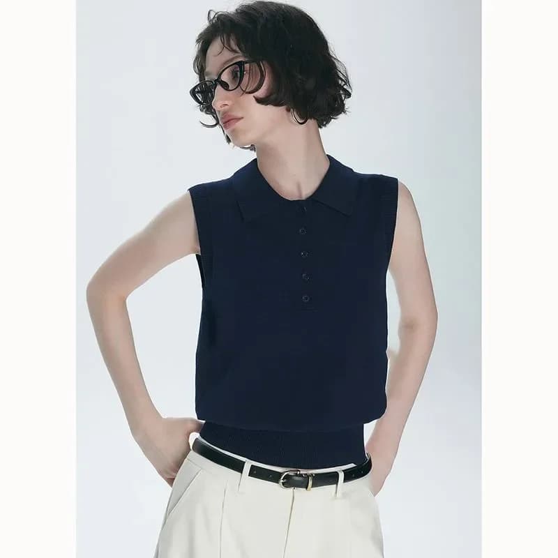 Top Casual da Donna Bianco Senza Maniche in Maglia con Collo Annodabile e Mezza Abbottonatura, Orlo a Costine