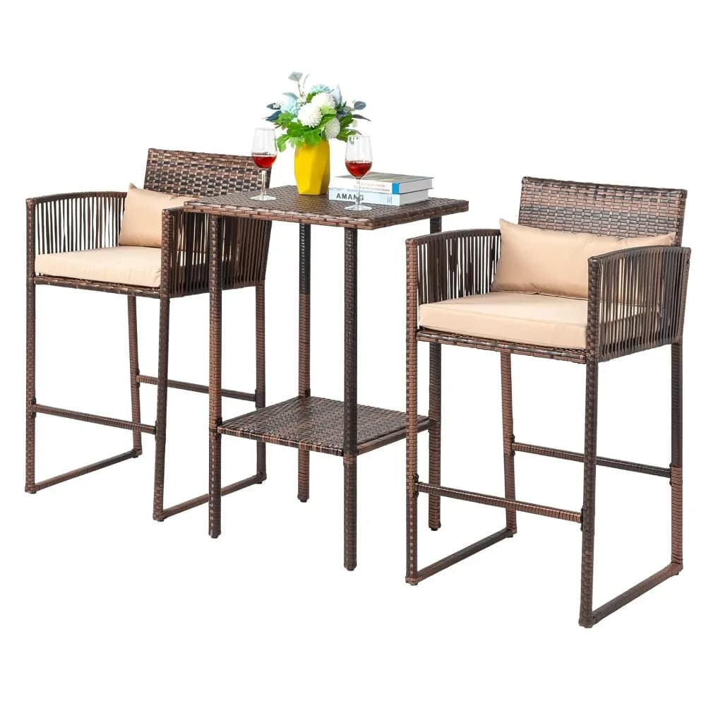3-piece patio bar set in wicker, bar stools with shelf and cushions, table and outdoor chair