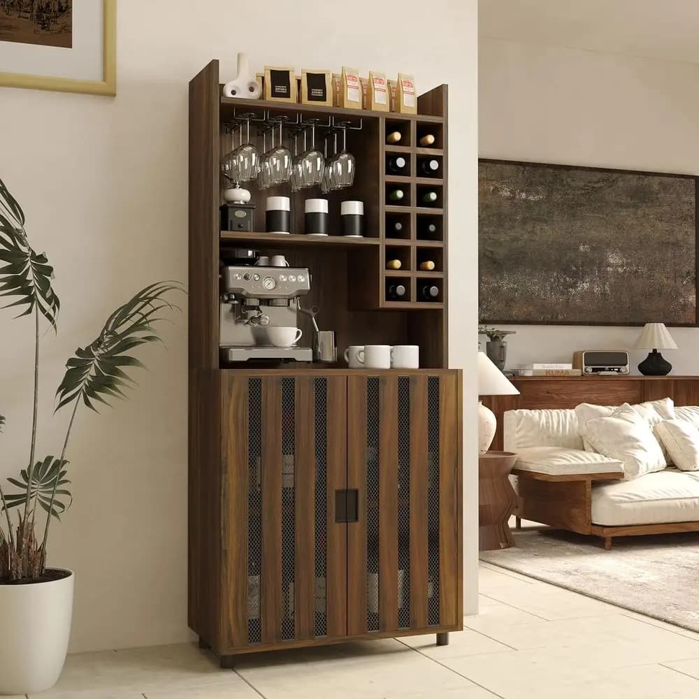 70 Tall Wooden Wine Bar Cabinet with 12 Bottle Racks and Glass Holder, Brown