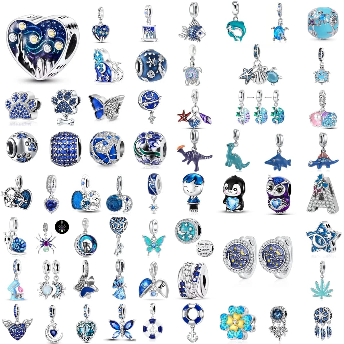 Blue Galaxy Moon Heart Beads Rhinestone Dreamcatcher Sea Life Charms 925 Silver DIY Bracelet Valentine Gift for Her