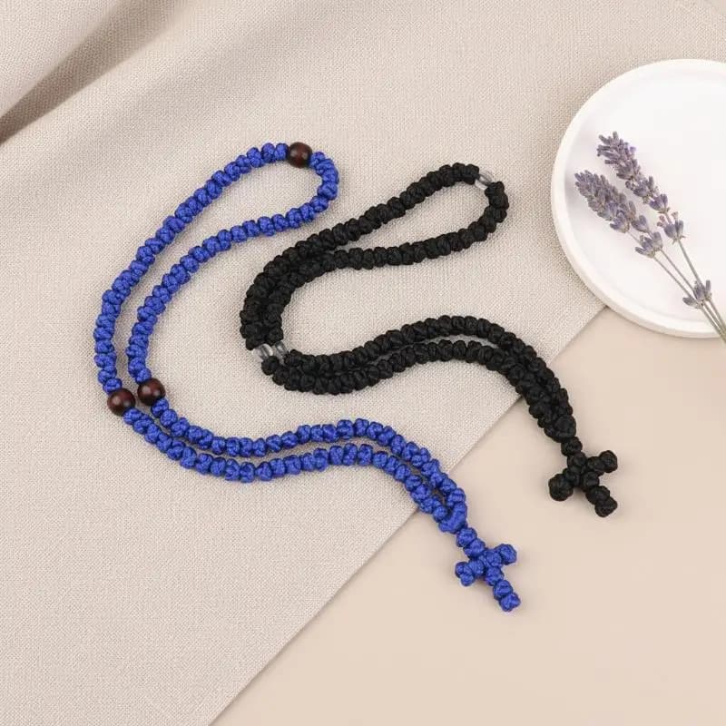 (.) Black/Blue Komboskini Knot Necklace Handmade Orthodox Religous Rosary Prayer Rope Cross Jewelry Gift