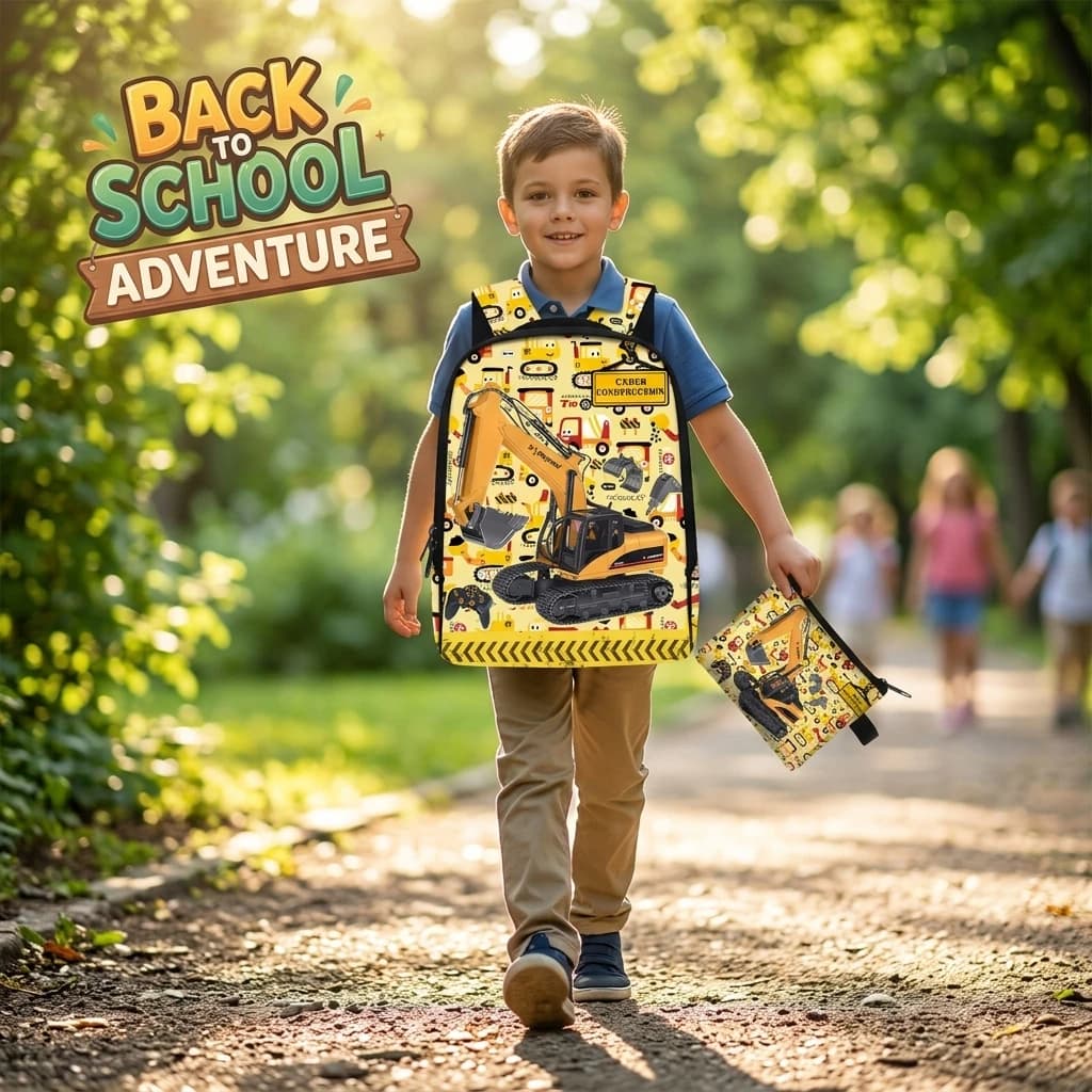 Set Zaino e Astuccio per Bambini con Motivo Escavatore Premium, Impermeabile, Resistente, Comodo, con Stampa Cartoon, Zaino Scolastico per Bambini