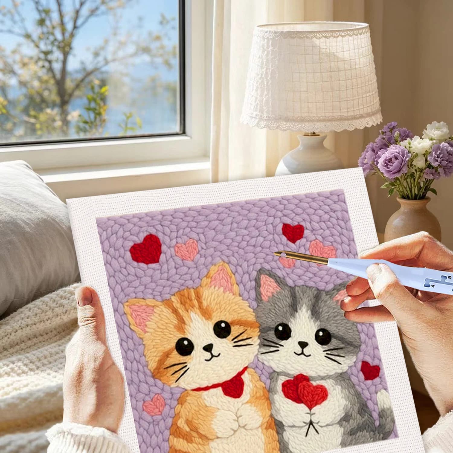 GATYZTORY 25x25cm Punch Needle Kit Wall Art Adult Hobbies Cute Cat Punch Needle Kit For Beginners Interior Embroidery Needles