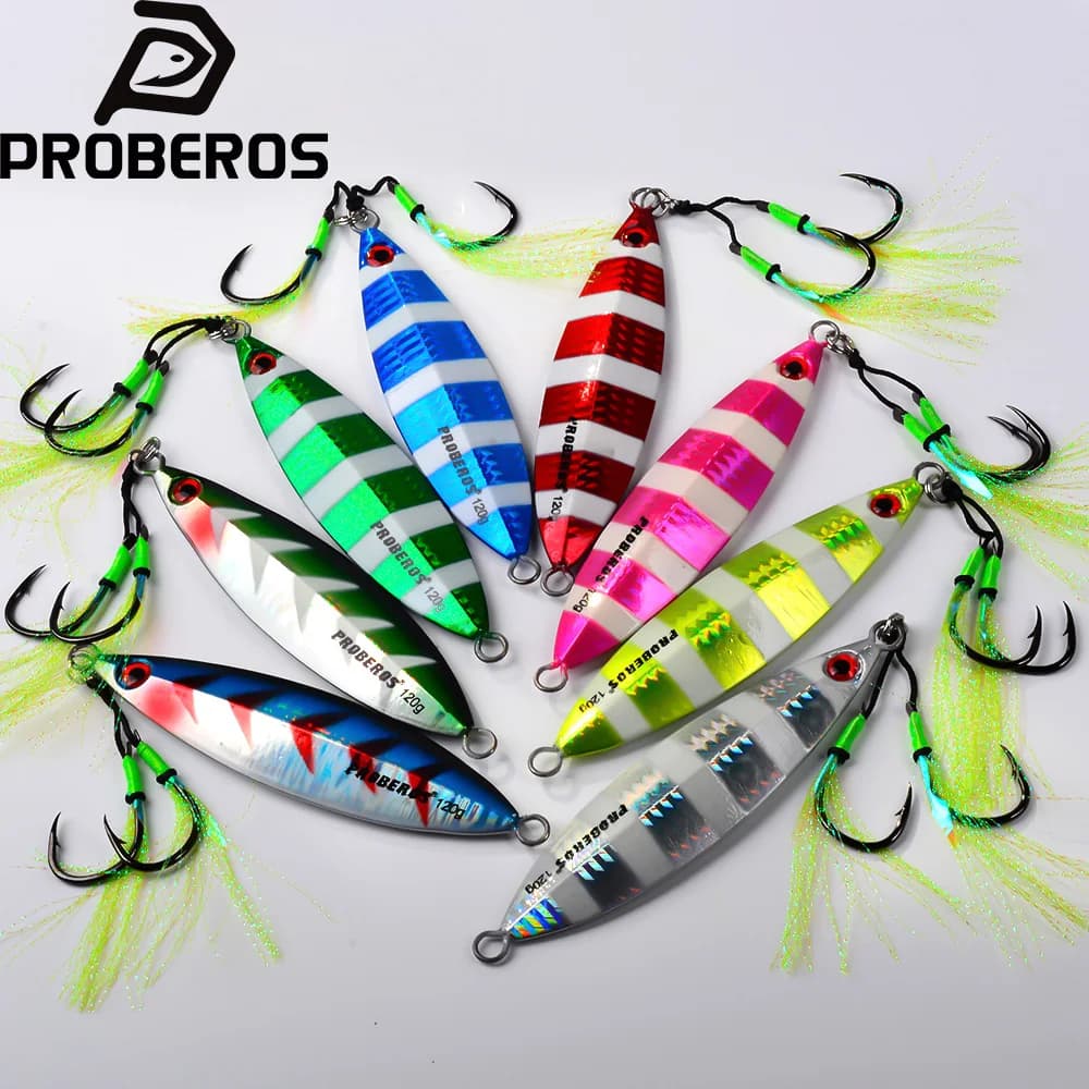 Proberos 80-120g Double Hooks Artificial Hard Bait Striped Metal Iron Plate Slow Shake Fish Bait 1PC Bass Seawater Fishing Lures