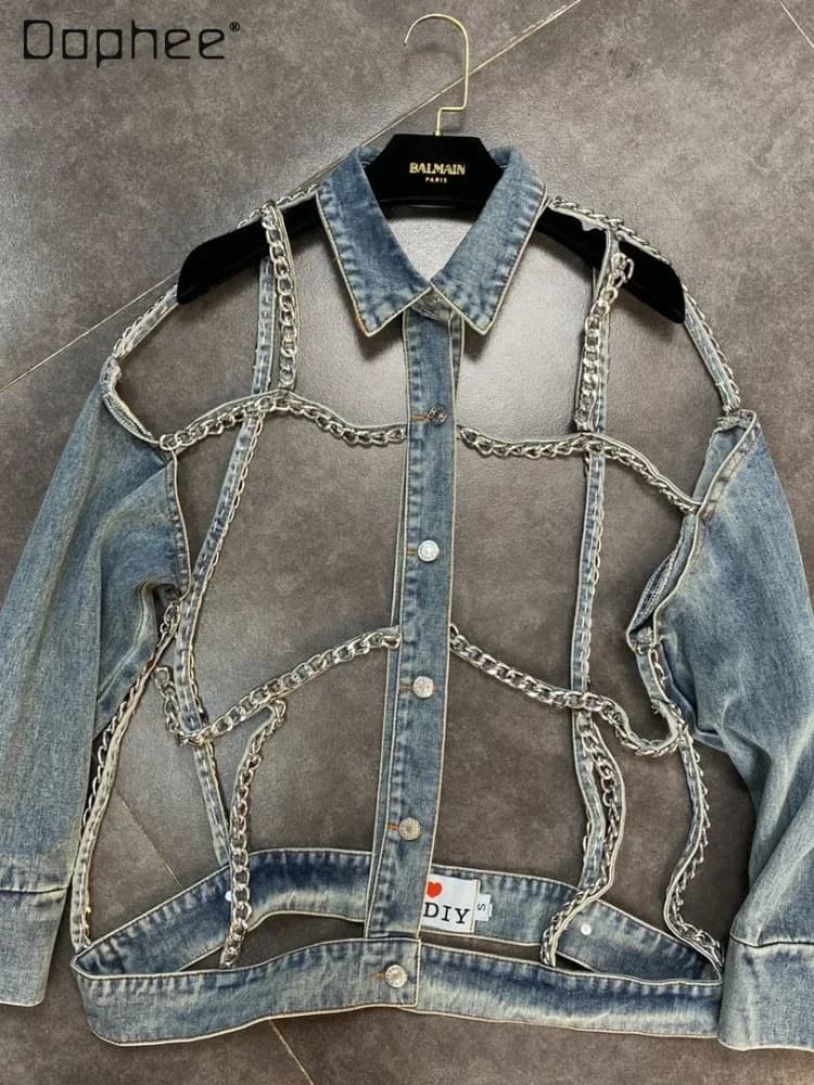 Giacca di Jeans 2023 primavera estate risvolti catena a maniche lunghe Hollow Cool beautiful Street Denim giacca di Jeans a maniche lunghe per le donne