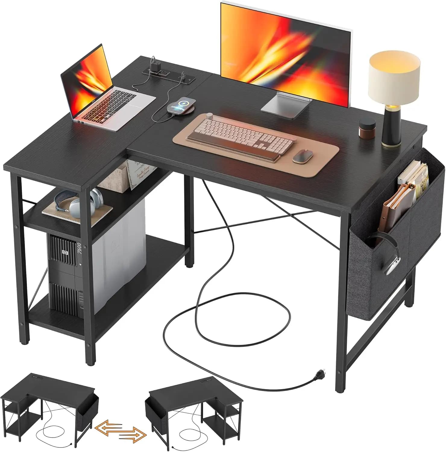 Scrivania da gaming a forma di L da 40 pollici con prese di corrente, ripiani reversibili per postazione di lavoro/studio in casa, nera