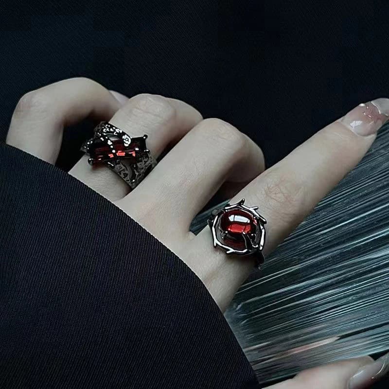 New Red Zircon Ring Dark Y2K Ring Retro Dominant European And American Cross Border Couple Ring