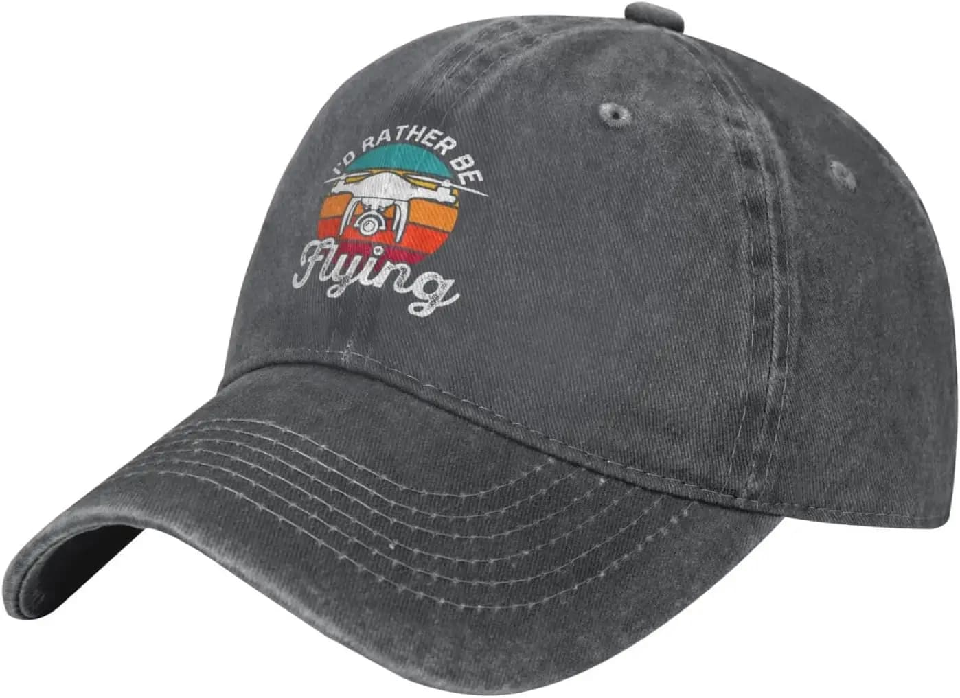 Cappellino da Baseball Vintage con Grafica Drone Volante al Tramonto, in Cotone Lavato, Regolabile, Stile Casual