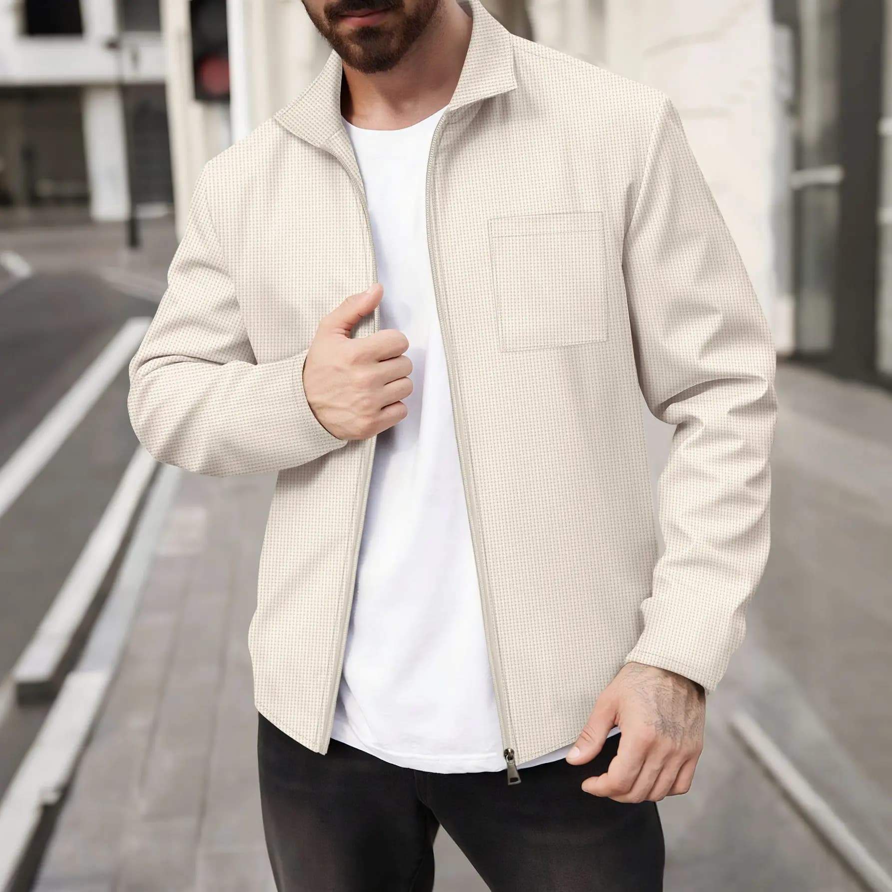 Men's Stylish Casual Sport Loose Jacket, High-Quality Front Zipper Single Pocket, Plain Color Trendy Streetwear Comfortable Coat