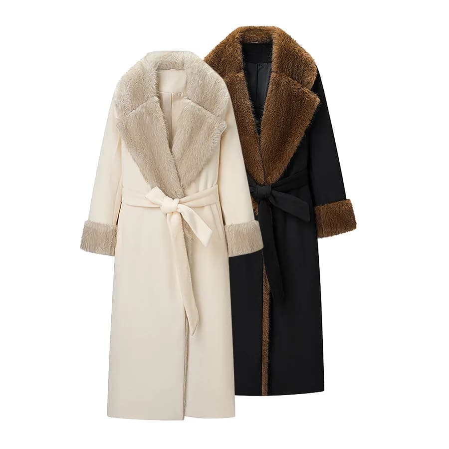 Cappotto di Lana alla Moda per Donna con Grande Collo in Pelliccia MUYG