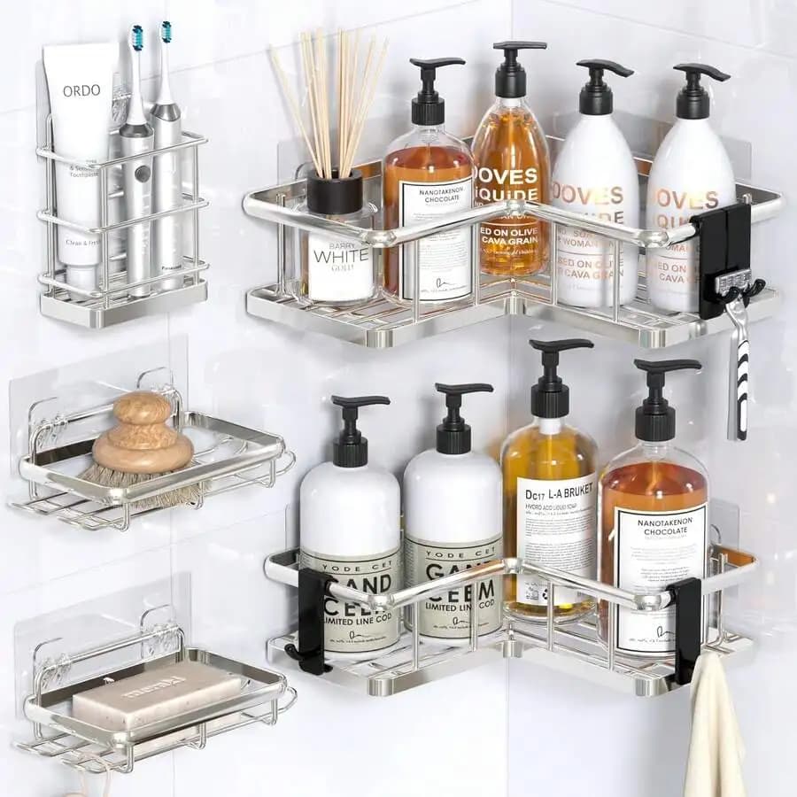Shower Caddy, 5-Pack Shower Organizer With Soap Holder And 4 Removable Hooks, Rustproof Shower Shelves, No Drilling Shower Shelf