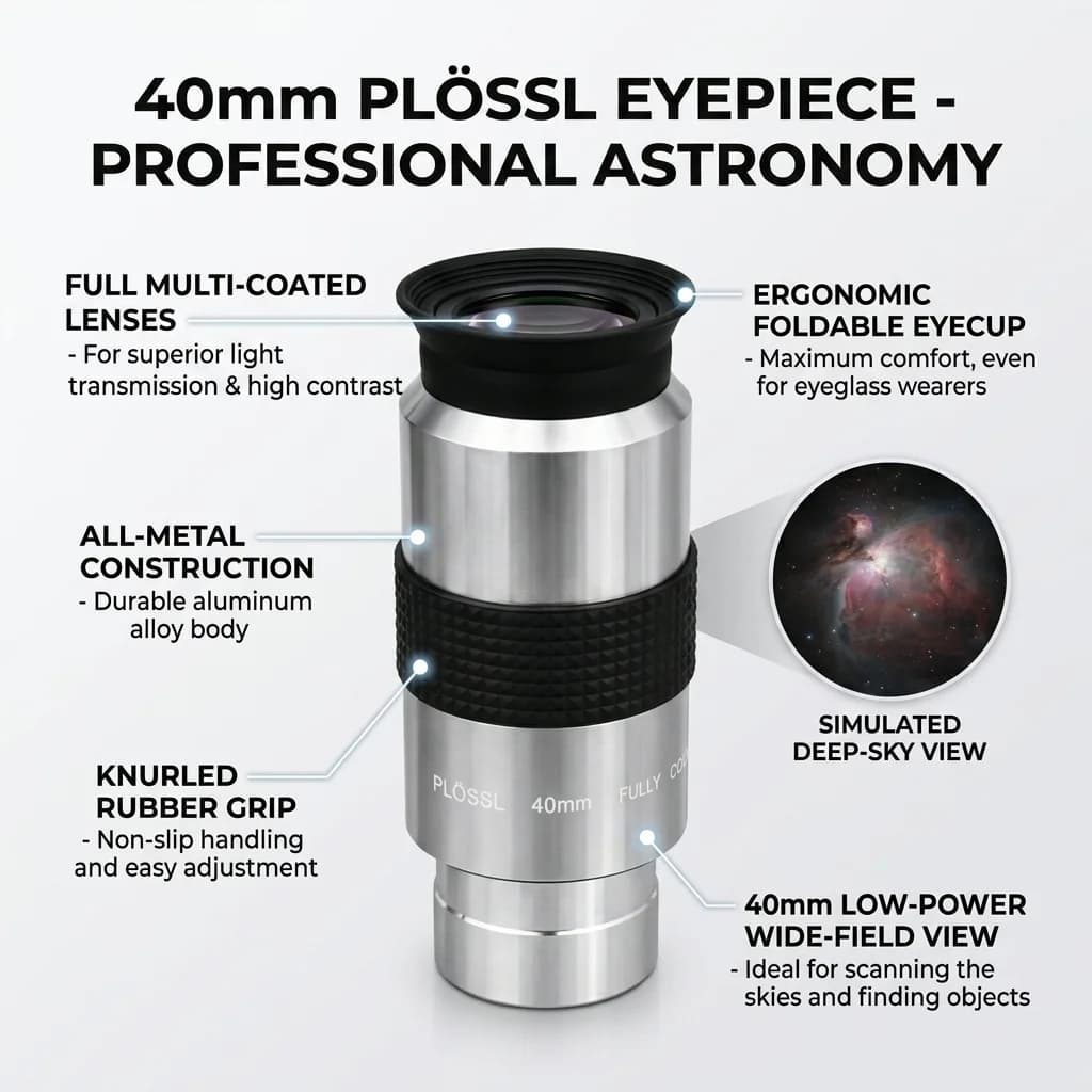 Oculare per Telescopio Plossl da 40mm, Lente FMC a Campo Ampio e Bassa Potenza da 1.25 Pollici con Oculare Pieghevole per l'Osservazione di Oggetti nel Cielo Profondo