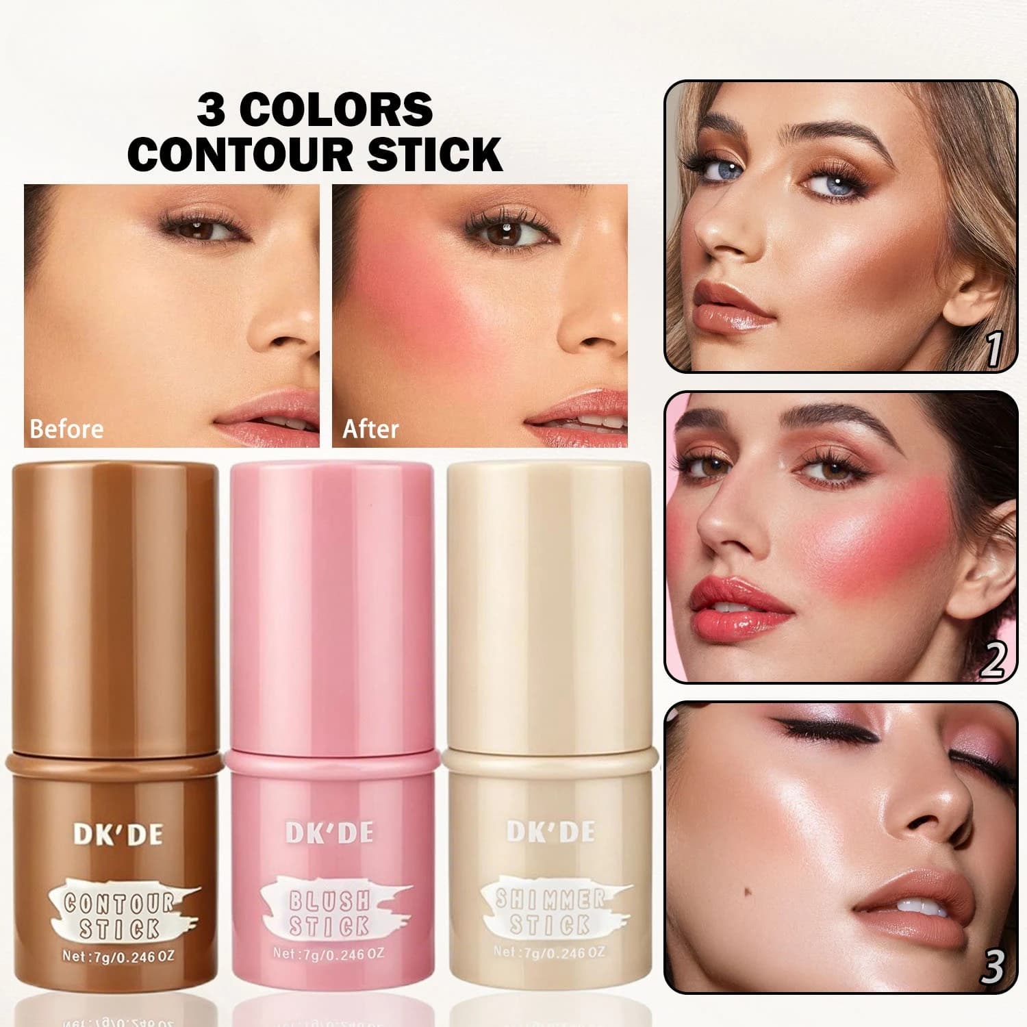3-Color Face Makeup Sticks, Long-Lasting Transfer-Proof, Smooth & Easy To Apply for Contouring, Blushing & Highlighting