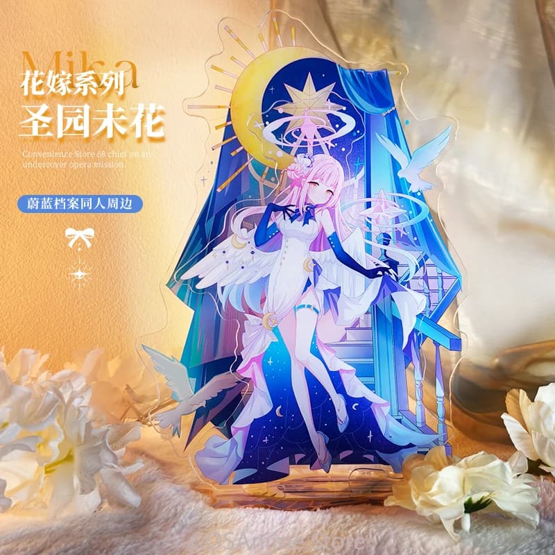 Gioco Blu Archivio Misono Mika Cartoon Acrilico Stand Figura Modello Display Piastra Distintivo Biglietto laser Decorazione in carta colorata