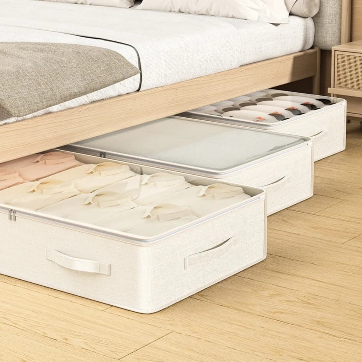 Underbed Storage Containers,Large Collapsible Clothes Storage Bins with Handle and Lid,Beige Under Bed Drawer Storage Organizer
