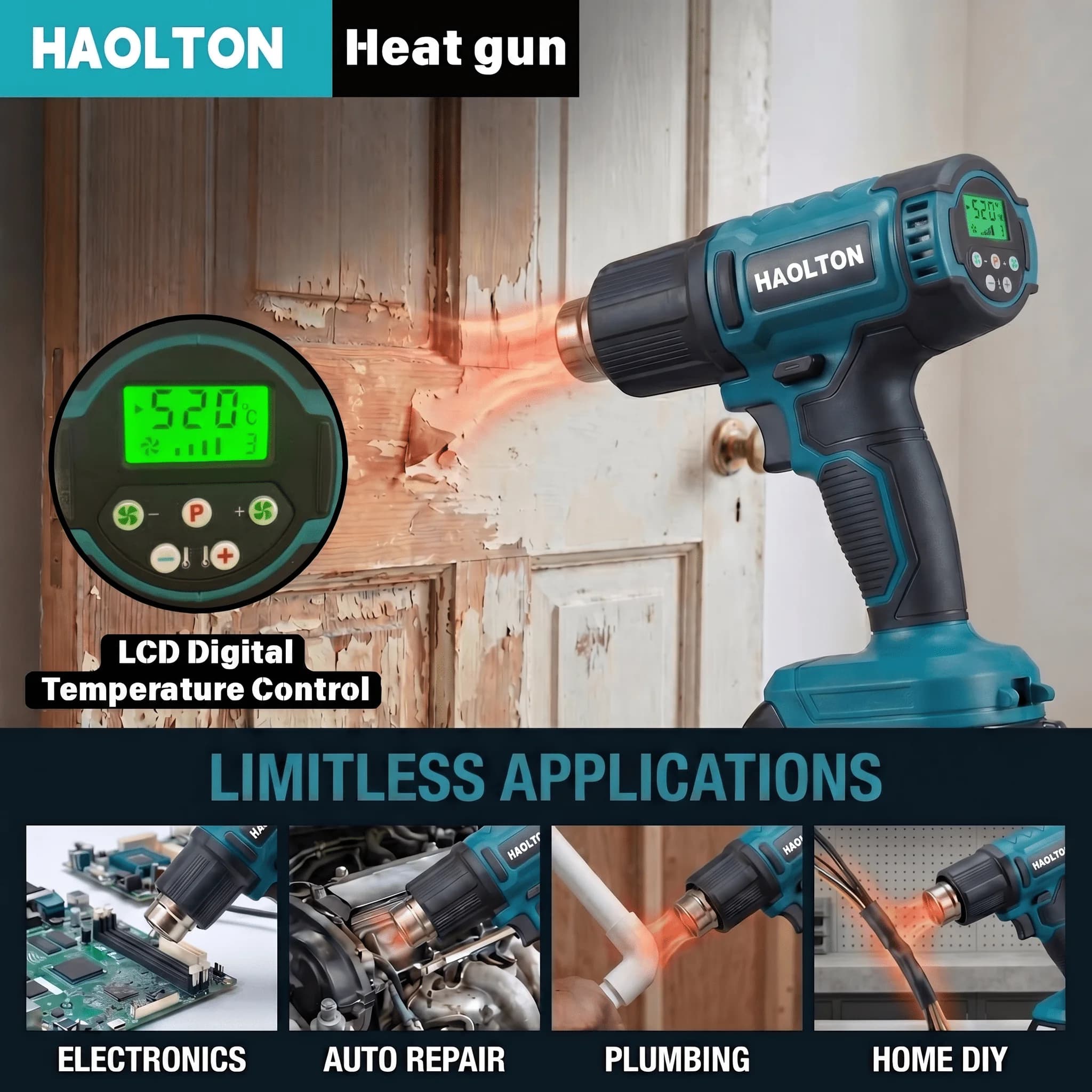 HAOLTON 18V Brushless Hot Air Gun 60-520℃ for Car Wrap Installation Heat Shrink Tubing PVC Pipe Bending For makita 18V battery