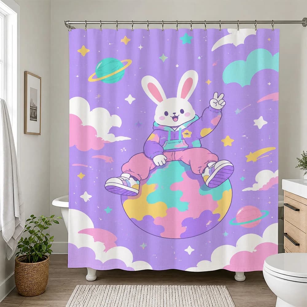 Cute Cartoon Bunny Character Shower Curtain Bathroom Decor Fun Kids Nursery Shower Curtain