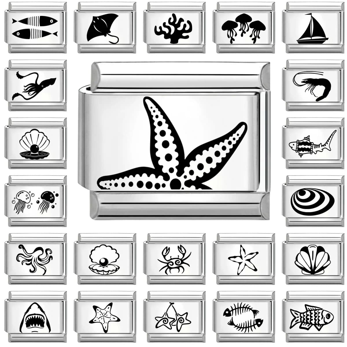 New Laser Engraving Marine Organisms Charm Italian Links Fit 9mm Bracelet Stainless Steel Making DIY Jewelry Gifts Wholesale