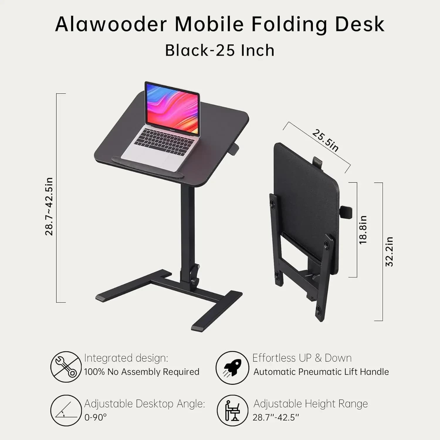 25 Inch Mobile Folding Desk No Assembly Pneumatic Sit Stand Desk 29 42 Inch Height Adjustable Rolling Laptop Desk With Hidden Wh