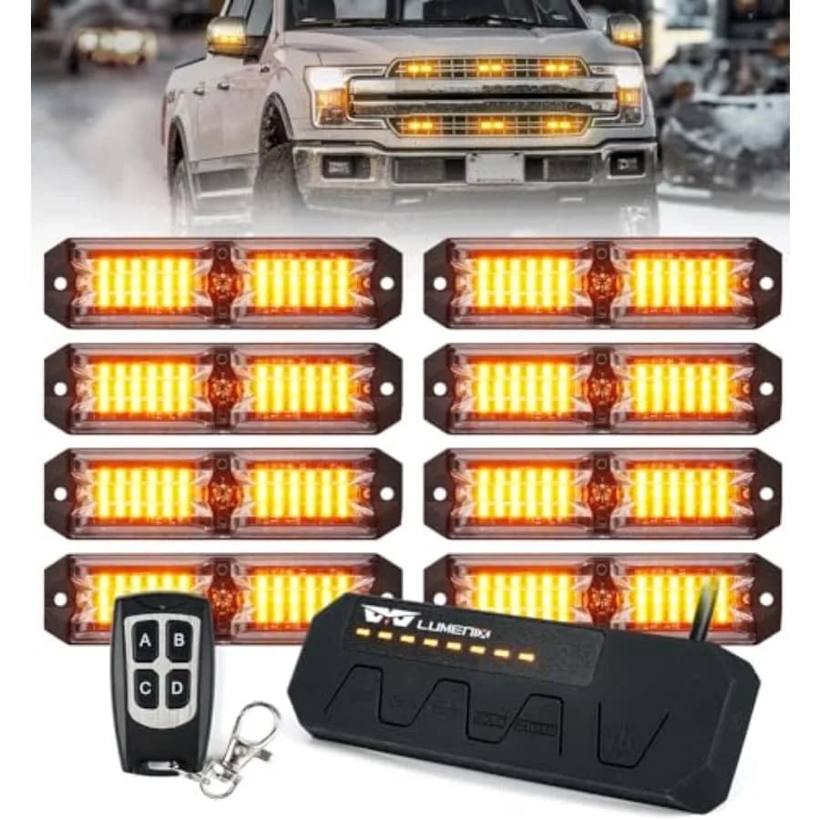 Kit Luci Stroboscopiche per Griglia di Camion con Controller, 8 Pezzi LED ad Alta Intensità per Montaggio Superficiale su Veicoli da Costruzione e Emergenza