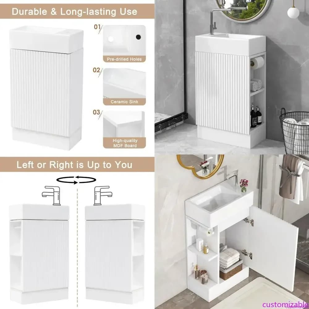 Mobile bagno freestanding da 18,6 pollici con lavabo in ceramica, ripiano aperto e porta carta igienica - Opzione porta sinistra o destra