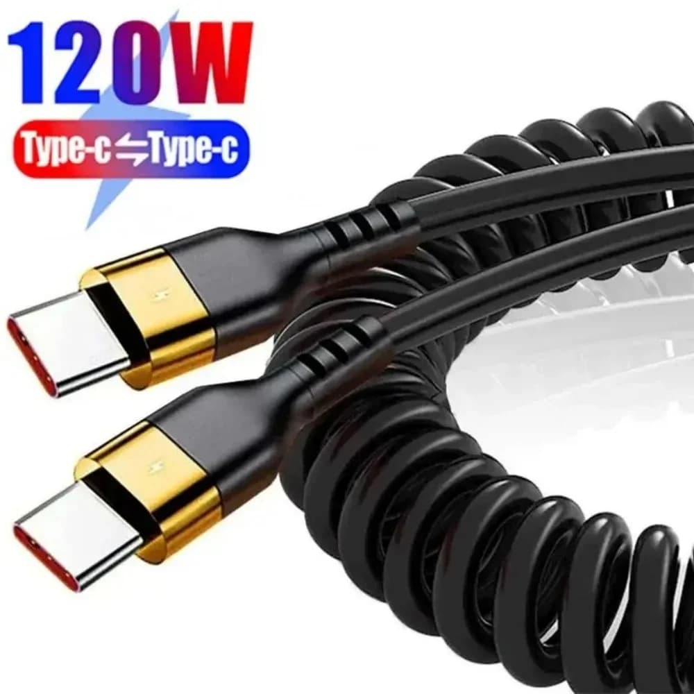 Cavo di ricarica rapida da USB-C a USB-C da 120W 5A, cavo dati a molla per auto, compatibile con iPhone, Xiaomi 15, Samsung S23