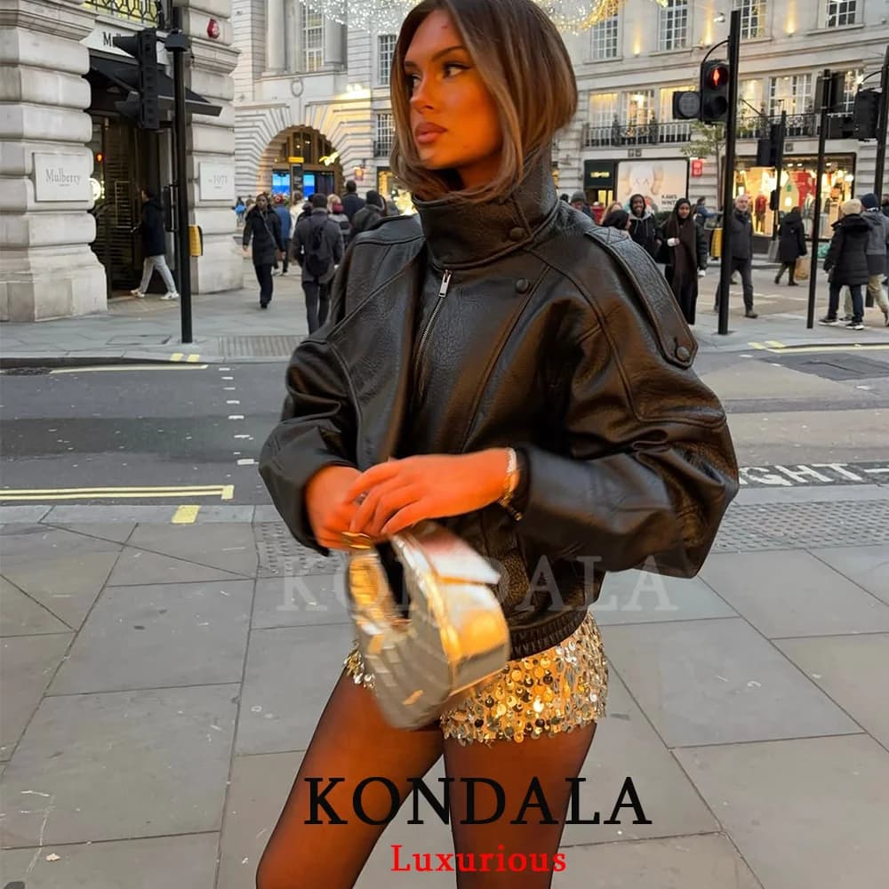 KONDALA Casual Chic Giacche di pelle nera Donna Manica lunga Bottoni Elastico Cappotti oversize Moda 2026 Primavera Streetwear Cappotti