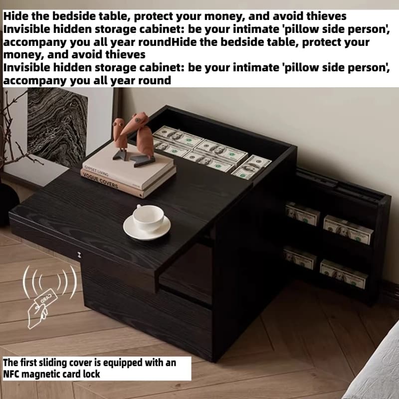 Comodini in Legno Massello con Cassaforte Nascosta, Tavolino Multifunzionale con Serratura a Scheda Magnetica NFC, Arredamento per Camere da Letto