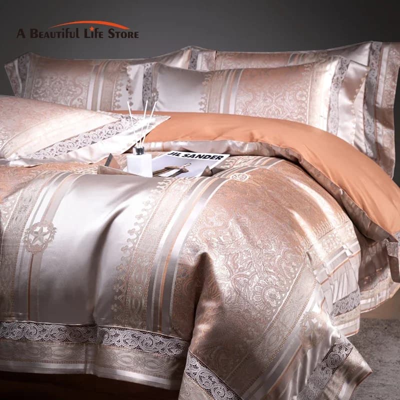 Set di biancheria da letto di lusso in stile europeo alta precisione damascato Jacquard cotone egiziano morbido copripiumino setoso federe per lenzuola