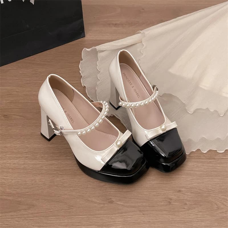 Scarpe Mary Jane con Tacco a Blocco e Perle, Eleganti e di Tendenza, per Donna, Primavera Estate