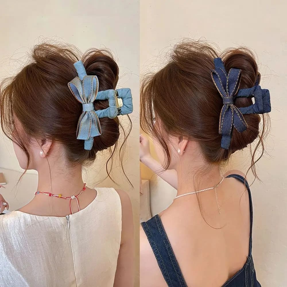 Sweet Blue Denim Bow Hair Claw Clip Large Size Transparent Hair Accessories Korean Style Hair Bun Clip Hair Accessories