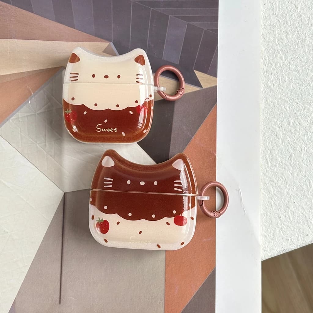 Simpatico cartone animato stereoscopico orecchie di gatto fragola graffiti con gancio custodia per auricolari per AirPods 1 o 2 3 4 Pro 2 Pro 3