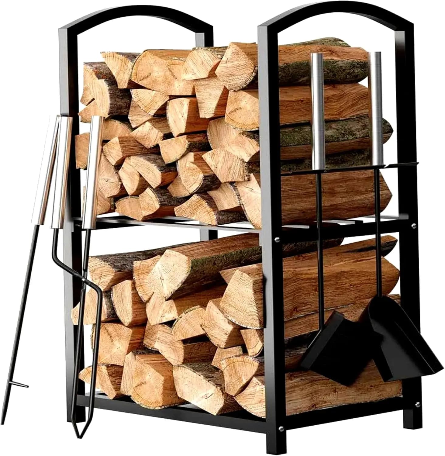 Porta Legna a 2 Livelli con Set di Attrezzi, Porta Legna in Acciaio Impermeabile per Uso Interno ed Esterno - 17x12x29
