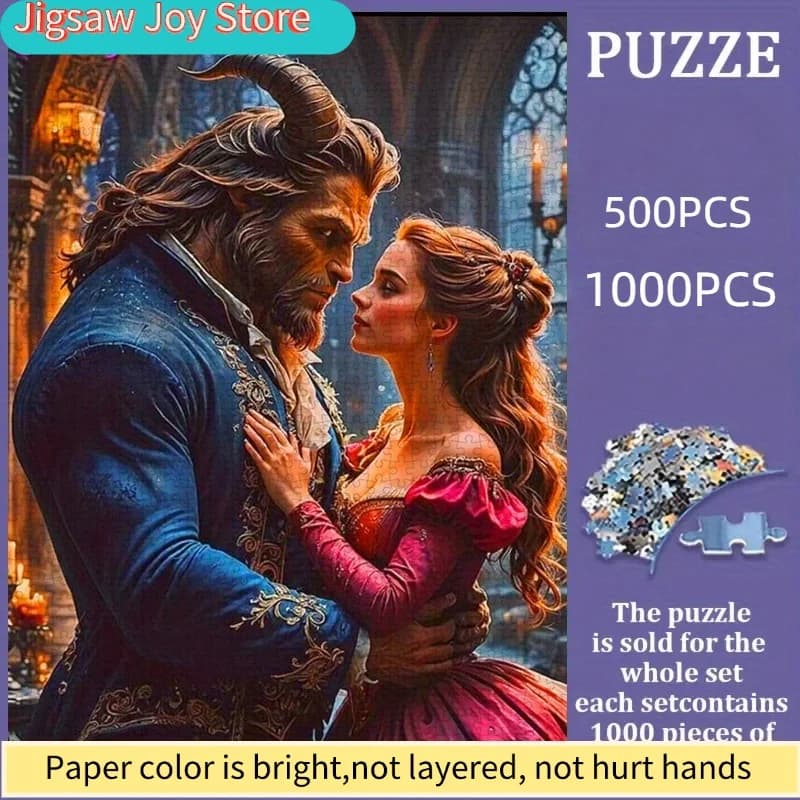 Puzzle Disney, Puzzle di Carta Fai-da-Te, Scena Romantica di La Bella e la Bestia, La Bella e la Bestia, Materiale in Cartoncino Bianco Rinforzato, Adatto per