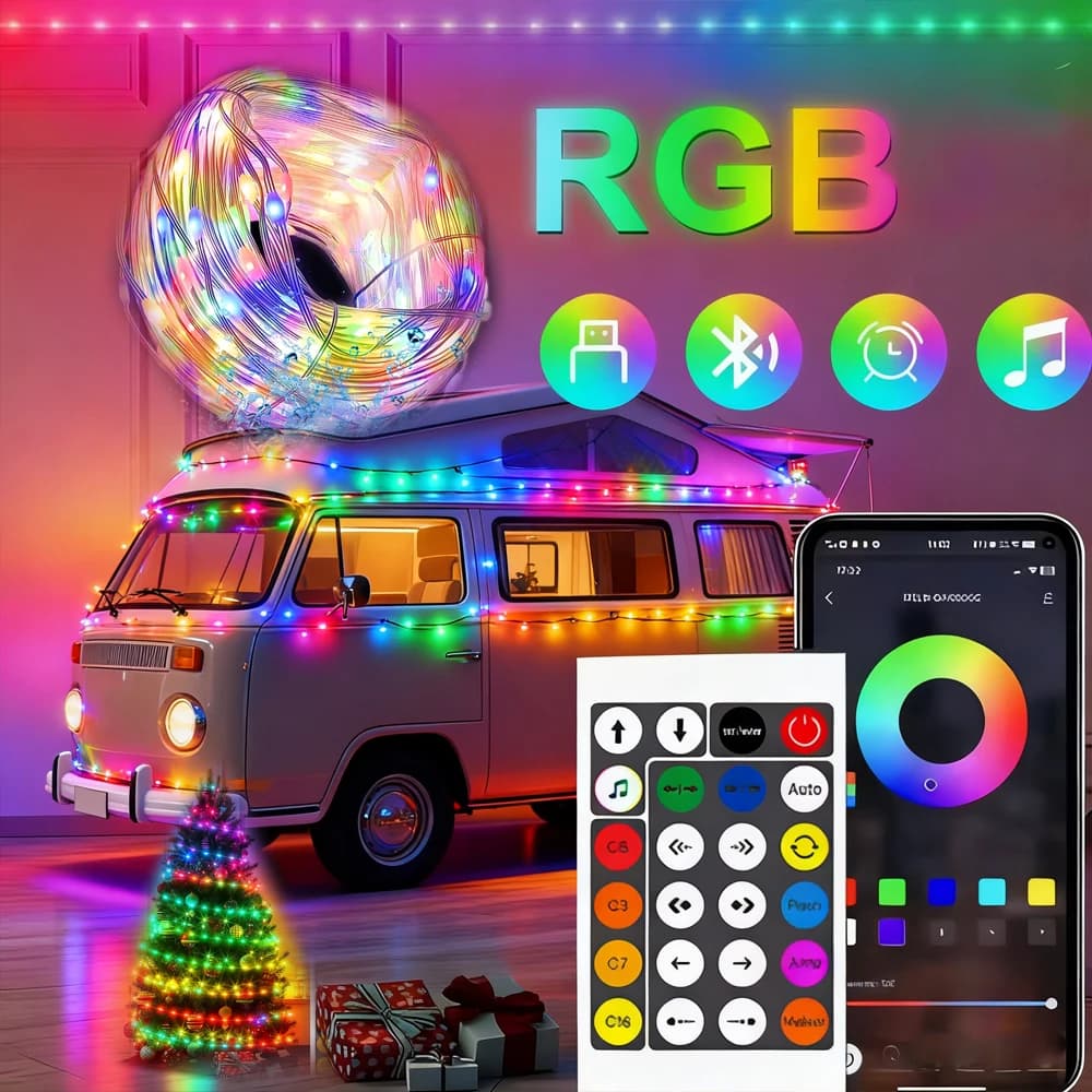 Luci LED RGB per Auto, Luci Fatate USB con Musica, Illuminazione per Interni ed Esterni, Decorazione per Camper, Auto, Roulotte, Luce da Viaggio per Esterni