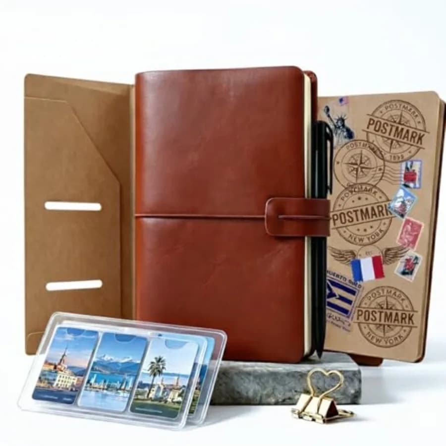 6PCS Traveler's Notebook Standard Size, 8.6x4.9 Inch Refillable Leather Journal with Inserts, Pen and Loop - Travel Diary with