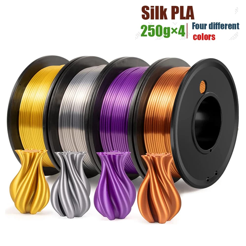 Silk 3D Printing Filaments PLA+ 1.75 mm 3D Printing PLA 250 g (0.55 pounds) x 4 reels, silk/gold/silver/violet copper