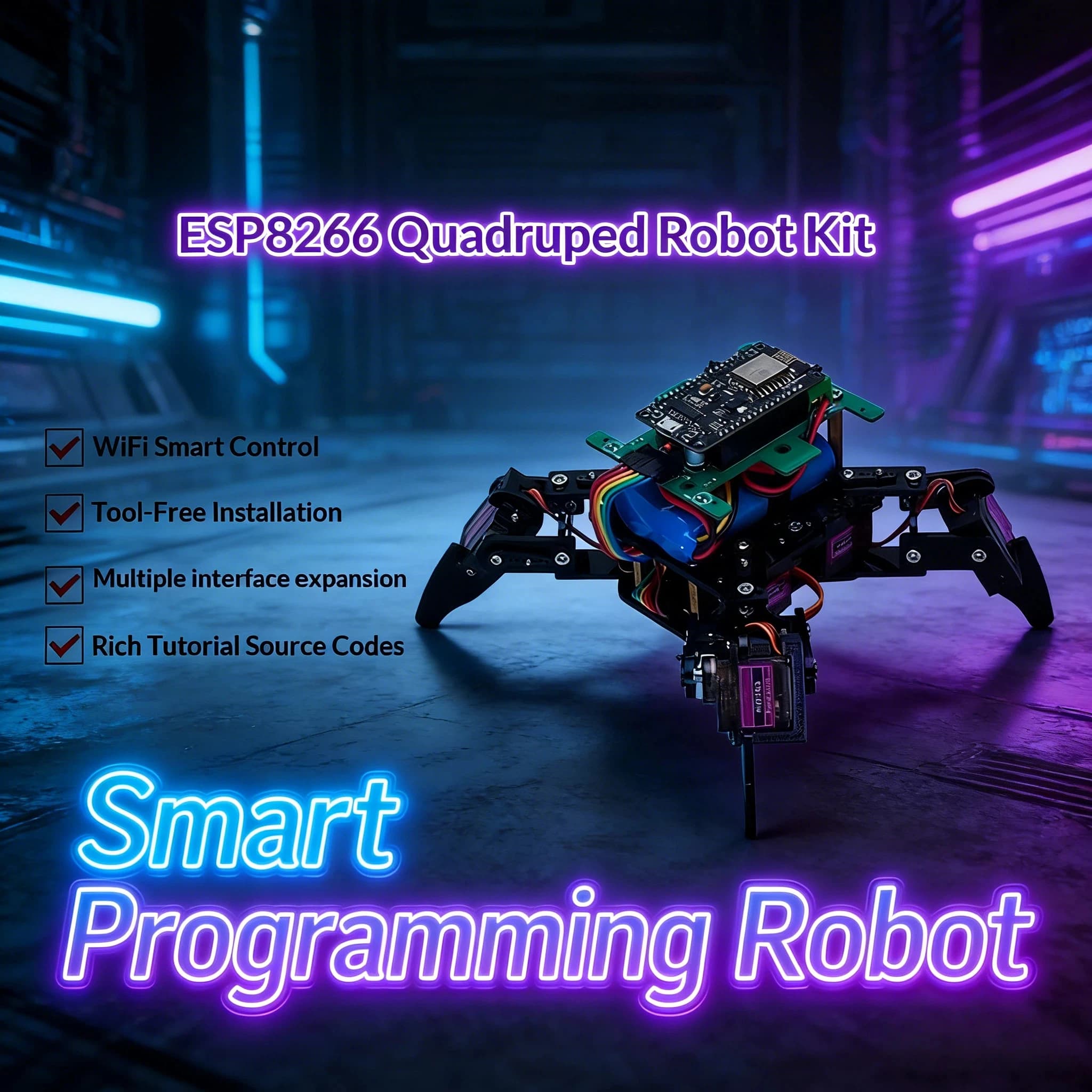 ESP8266 Quadrupede Robot Kit for Arduino Programming, WiFi Control, No Welding, STEAM Educational Kit for Schools